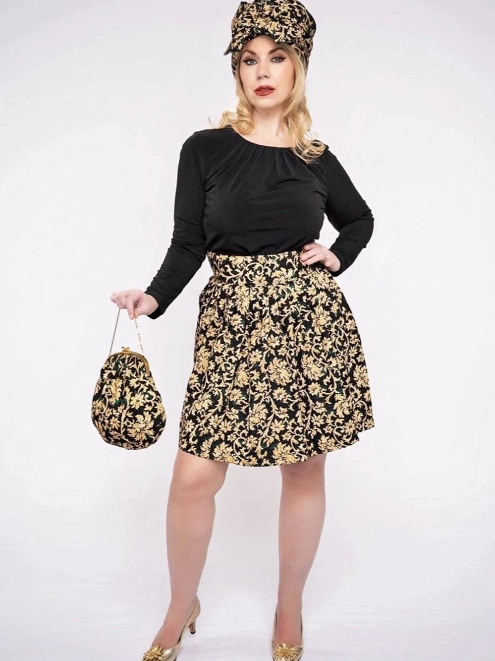 Black & Gold Floral Circle Skirt Set Like New